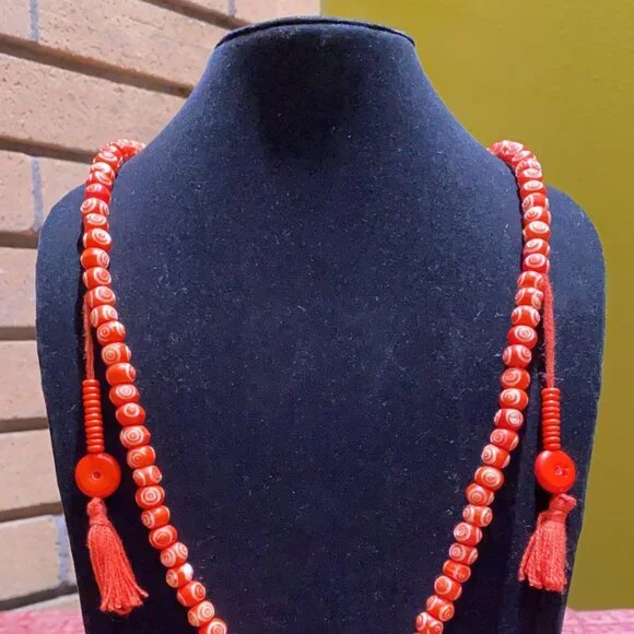 Water Buffalo Bone Etched Mandala Mala - Dark Orange - Picture 2 of 3